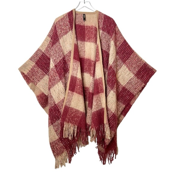Torrid Red Tan Reversible Ruana Cozy Fall Plaid Women’s Tassel Cape One Size - Picture 2 of 12